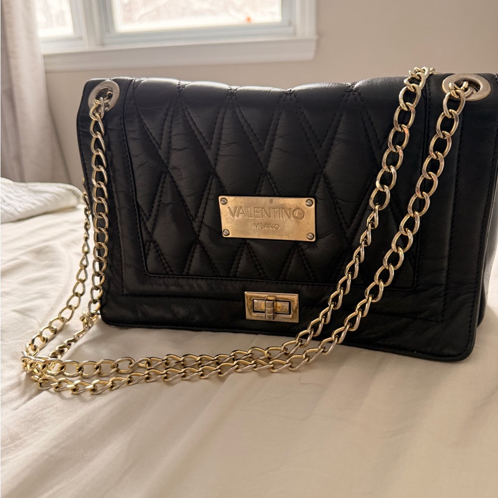 Valentino Black Quilted Shoulder Bag with Gold Chain